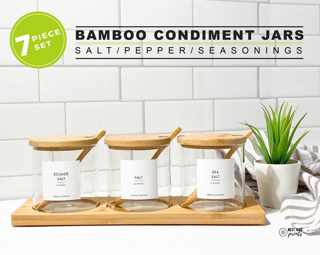 7 Piece Bamboo Storage Jar WITH Tray Salt Pepper Chili Glass Storage