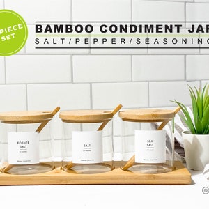 7 Piece Bamboo Storage Jar WITH Tray • Salt pepper chili glass storage jar • Customizable • Modern Kitchen Pantry Gift • Sugar Honey Creamer