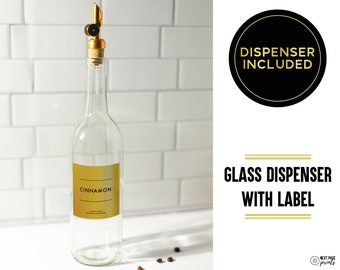 Coffee Flavor Syrup Dispenser + Custom Label • Gold Spout Refillable Glass Bottle 25oz 750mL • Minimalist • Coffee Mixed Drink Bar Cocktail