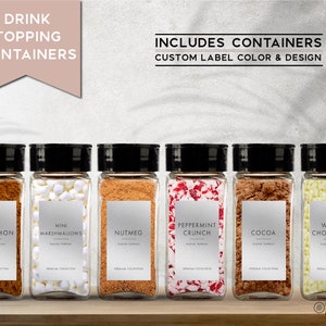 3 pc Coffee Topping Containers + Silver Labels • Modern Espresso Coffee Sprinkle Glass Bottle 4oz • Wedding Holiday Hot Chocolate Cocoa Bar
