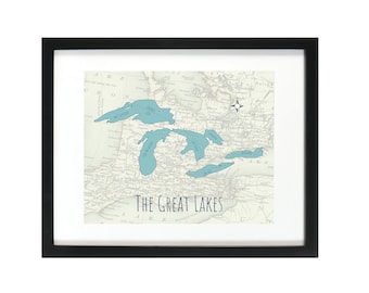 DIGITAL DOWNLOAD Great Lakes Poster Print, Lake Ontario Print, Lake Michigan, Lake Erie, Lake Huron, Lake Superior, Birthday Gift for Him