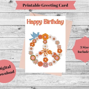 Groovy Retro Flower Peace Verjaardagskaart, Groovy Bday Card, 70's Peace Sign Verjaardagskaart, Retro flower Bday Card, 3 maten - Digitale Download