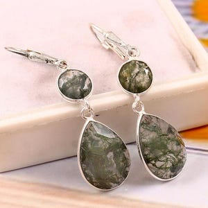 Moos Achat Sterling Silber Ohrhänger, 925 Sterling Silber Ohrringe, Jahrestag Geburtstagsgeschenk Her