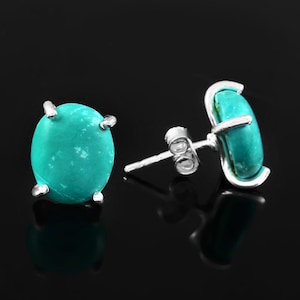 Sterling Silver Dyed Turquoise Stud Earrings, Blue Turquoise 925 Sterling Silver Oval Gemstone 1 Pair Stud Earring, Minimalist Stud Earrings