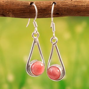 Rhodochrosite Earrings Sterling Silver Genuine Rhodochrosite Drop Gemstone Earrings Handmade Silver Teardrop Earrings Round Rhodochrosite