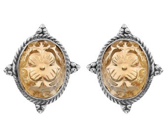 Natural Citrine Carved Flower Design Stud Earrings Sterling Silver Boho Jewelry For Women Birthday Gifts, Yellow Gemstone Hand Carving Studs