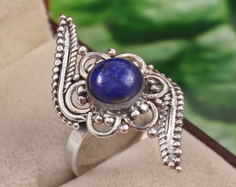 Flower Silver Lapis Lazuli Ring, Christmas 925 Sterling Silver Ring, Lapis Lazuli Handmade Solid Silver Ring, Boho Bohemian Silver Ring