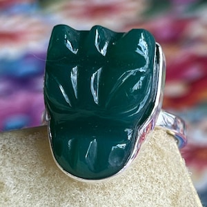 Green Onyx Dragon Ring: Sterling Silver Gemstone Carving