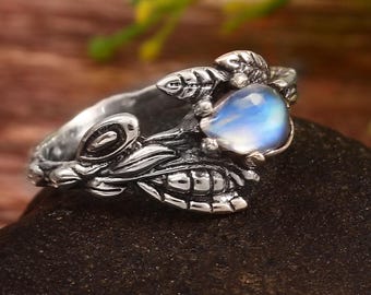 Oxidized Sterling Silver Branch Ring: Rainbow Moonstone June Birthstone