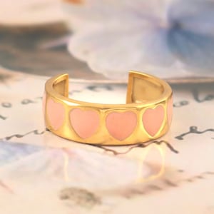 925 Sterling Silver Heart Ring, Enamel Pink Heart Adjustable Ring, Handmade Multi Heart Silver Ring, Gift For Her, Love Heart Band Ring,