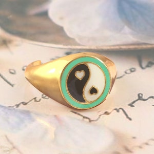 925 Sterling Silver Yin Yang Adjustable Ring, Black & White Balance Band, Chinese Yin Yang Handmade Jewelry for Gifts, Silver or Gold Plated