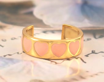 Sterling Silver Pink Enamel Heart Ring - Adjustable Love Band