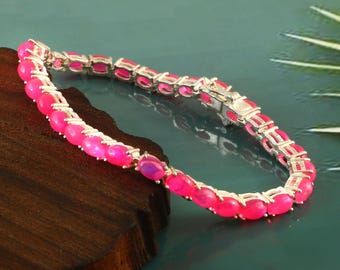 Sterling Silver Genuine Pink Opal Bracelet, Fire Opal Tennis Bracelet, Pink Opal Tennis Bracelet Gemstone Silver Adjustable Bracelet, Gifts