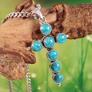 Turkoois zilveren kruishanger, sterlingzilveren blauwe turkoois kruishanger, zilveren grote turkoois kruisketting, unieke kruishanger