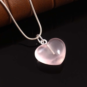Pink Rose Quartz Pendant, Boho Handmade Silver Jewelry, 925 Sterling Silver Healing Crystal Heart Shape Pendant, Puffy Heart Silver Pendant