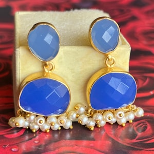 Faceted Blue Chalcedony Earrings: 925 Sterling Silver, Gold Plated