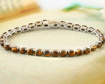 Natural Tiger Eye Tennis Bracelet, Tiger Eye Dainty Bracelet Natural Tiger&#39;s Eye Tennis Bracelet in 925 Sterling Silver November Birthstone