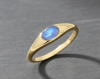 925 Sterling Silber Regenbogen Mondstein Ring, Gold Vermeil Minimalist Edelstein stapelbar Ring