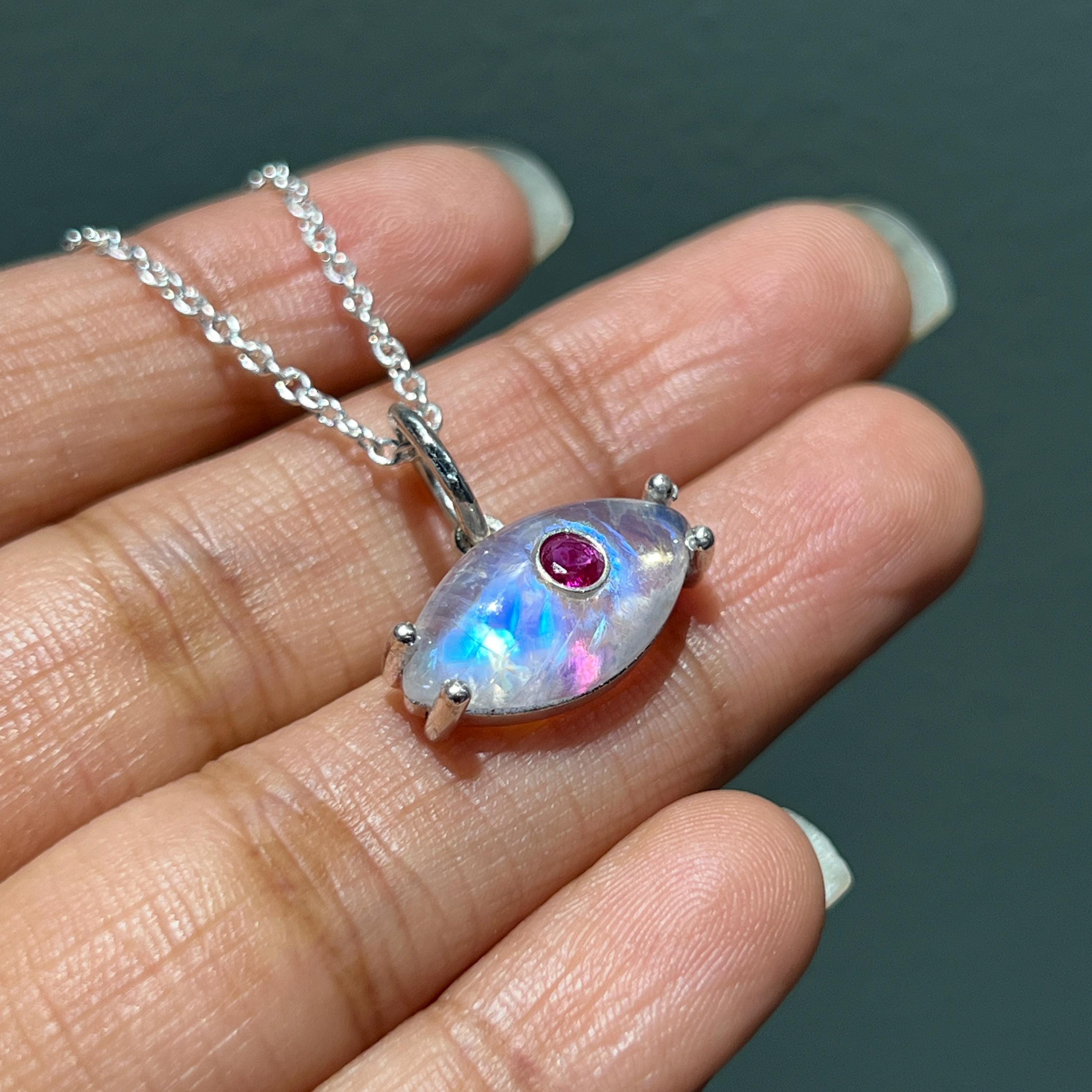 ネックレス・ペンダント Rainbow Moonstone x Star Ruby Necklace Rainbow Moonstone Ruby Sterling Silver Pendant Necklace - Etsy