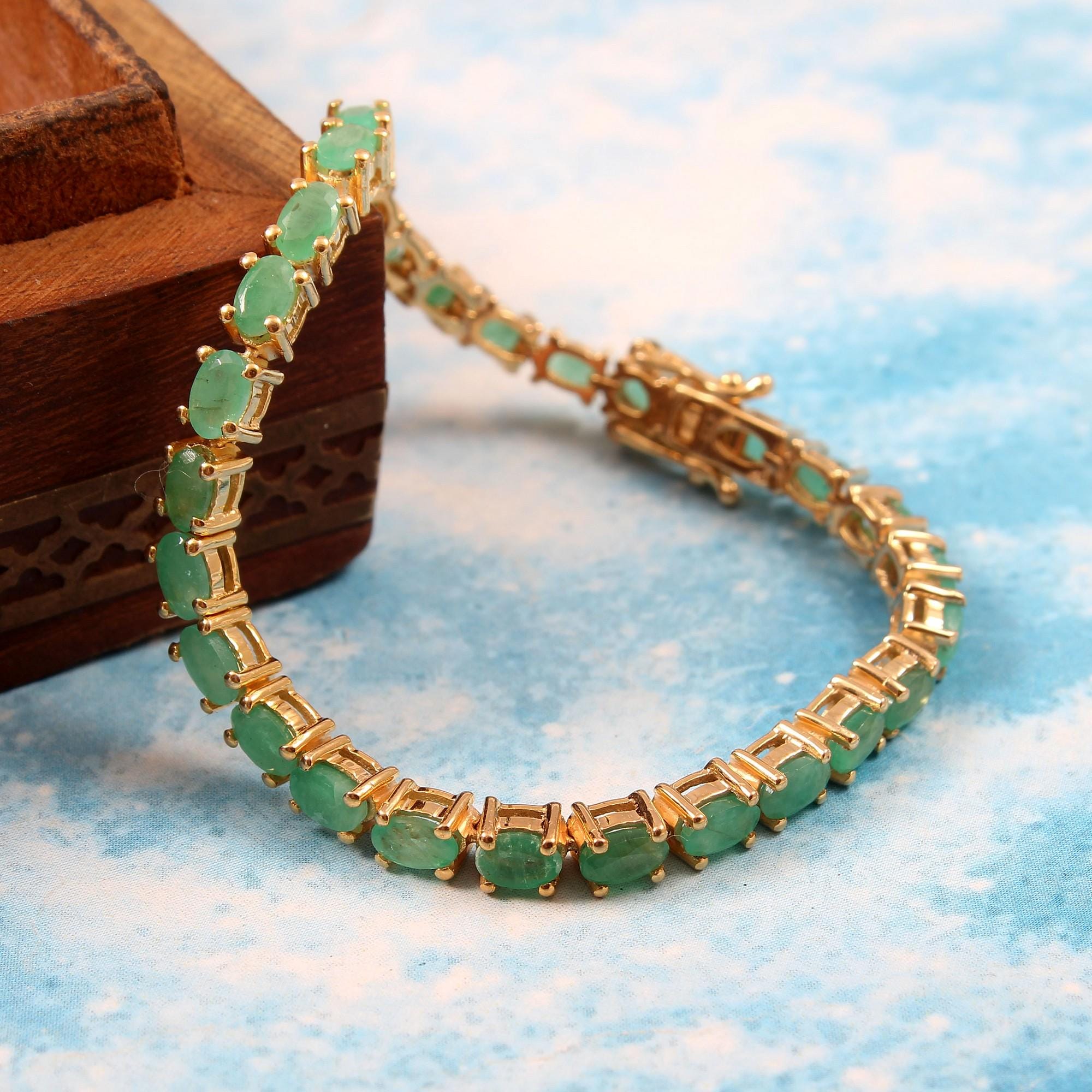 Natural Emerald Oval 6x4 mm Tennis 925 Silver Bracelet Gold Plated May Birthstone Tennis Bracelet Emerald Women Tennis Silver Bracelet Gifts