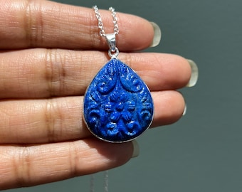 Natural Lapis Lazuli Silver Pendant, 925 Sterling Silver Handmade Flower Necklace, Woman Handmade Lapis Flower Pendant, Christmas Gift Idea