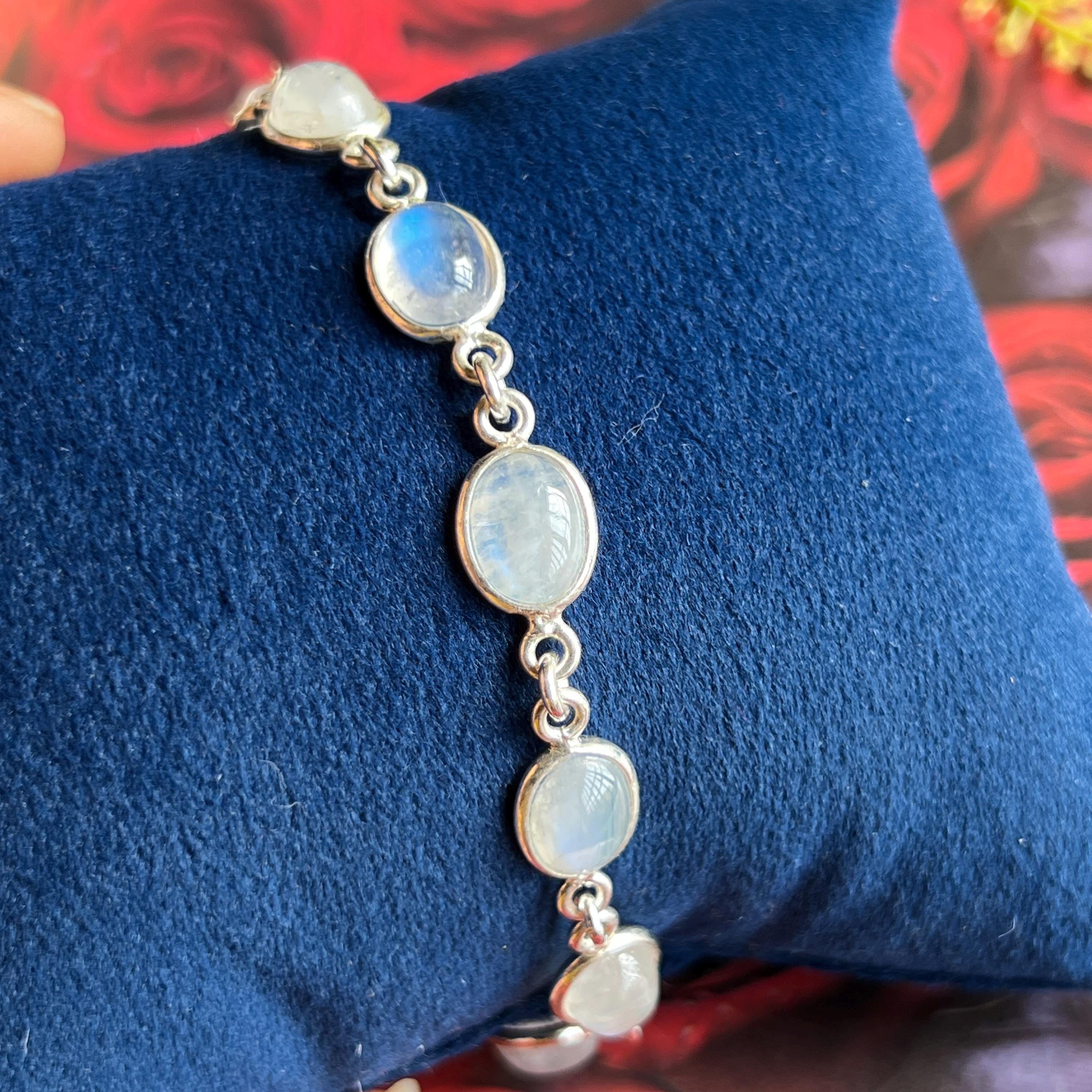 Natural Rainbow Moonstone Bracelet, 10x8mm Oval Blue Flash Stone