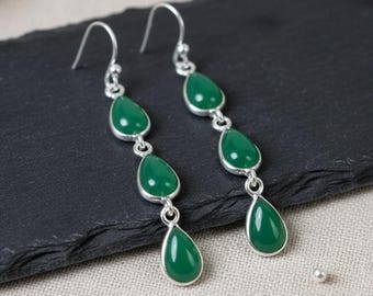 Orecchini Pendenti Chandelier Artigianali In Argento Tibetano Con Onice Verde, Gioielli Boho Vintage Fatti A Mano, Regalo Elegante