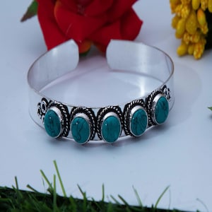 Genuine Turquoise Cuff in Sterling Silver, Adjustable Cuff For Women, Handmade Silver Oxidized Bangle, Five Stone Silver Jewelry for Women&#39;s