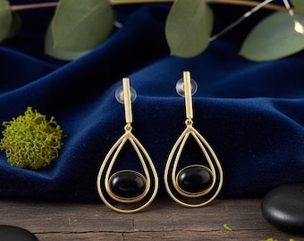 Black Onyx Earrings, Gold Plated and Onyx Earrings, Gemstone Earrings Black Onyx Sterling Silver Dangle Earrings