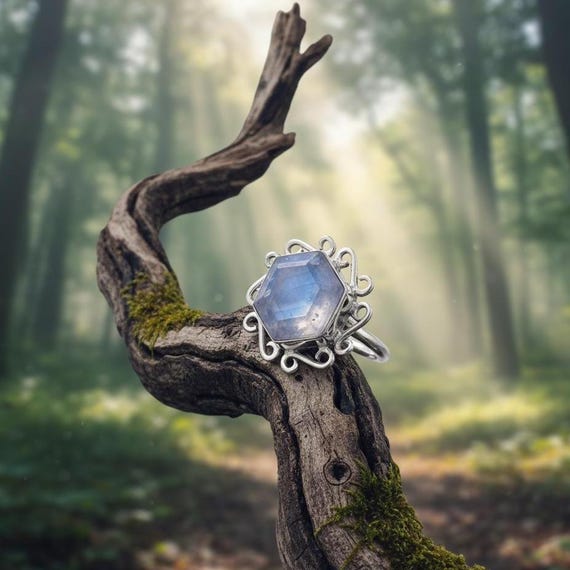 925 Sterling Silver Rainbow Moonstone Ring Crystal Gemstone