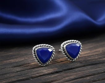 Brincos de pino com lápis-lazúli genuíno, pedra do mês de setembro, joias minimalistas em prata de lei 925 com design triangular.