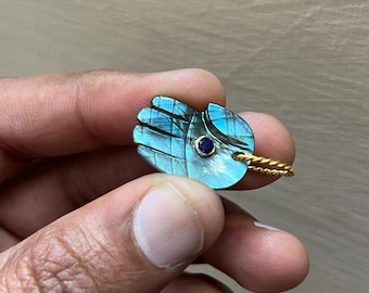 Genuine Natural Blue Flash Labradorite Hamsa Hand Pendant Sterling Silver Hamsa Hand Good Luck Charm, Gold Plated Hand of Fatima Necklace