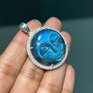 Face Carving Labradorite Pendant with Gold Plated Moon Face Pendant For Women 925 Sterling Silver Handmade Moon & CZ Gemstone Pendant Gifts