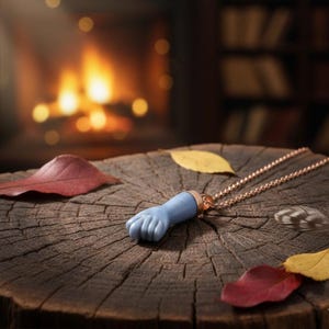 May include: A light blue pendant necklace in the shape of a foot. The pendant is attached to a rose gold chain. The necklace is displayed on a rustic wooden surface with colorful leaves.