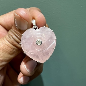 Rose Quartz Gemstone Pendant Heart Shape Handmade Silver Pendant 925 Sterling Silver Boho Pendant Eye Carved Gemstone Pendant Birthday Gifts