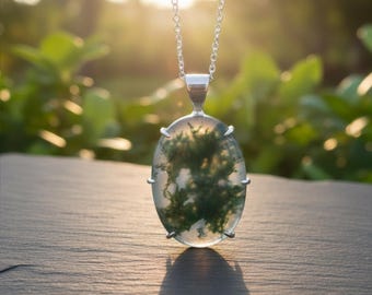 Moss Agate Necklace Oval Sterling Silver Pendant Handmade Dainty Minimalist Jewelry