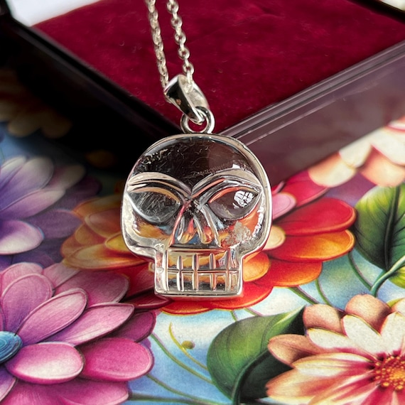Sterling Silver Clear Crystal Skull Pendant Necklace: Hand Carved