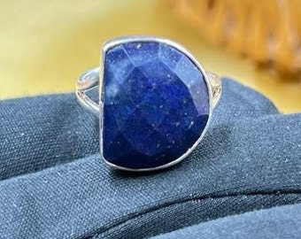 Blue Lapis Lazuli Faceted Gemstone Ring, 925 Sterling Silver Ring, Handmade Lapis Lazuli Cut Ring, Gems Adjustable Ring, Daughter Gift Idea