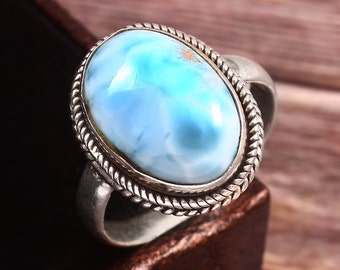 Natural Larimar Stone Silver Ring, 925 Sterling Silver Ring, Dainty Silver Charm Ring, Larimar Stone Ring, Boho Ring, Valentine Gift Ring