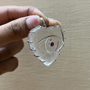 Natürlicher Kristall Herz Anhänger, Bergkristall Schmuck, Sterling Silber Evil Eye Halskette, geschnitzter Herz Anhänger, klarer natürlicher Kristall Anhänger