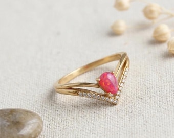 Natural Ethiopian Pink Opal Ring - Minimalist V-Shape Chevron CZ Promise Ring - Solid 925 Sterling Silver Jewelry