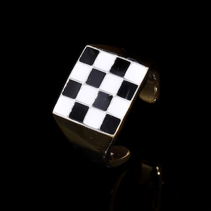 Handmade Gold Plated Sterling Silver Chessboard Ring - Enamel Detail