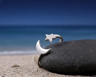 Handmade Sterling Silver Star Moon Ring - Adjustable Celestial Jewelry