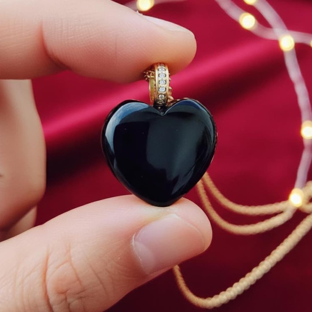 Black Onyx Heart Pendant Necklace, Gold Plated Sterling Silver, CZ