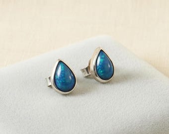 スターリングシルバー ブルーオパール スタッドピアス 10月の誕生石