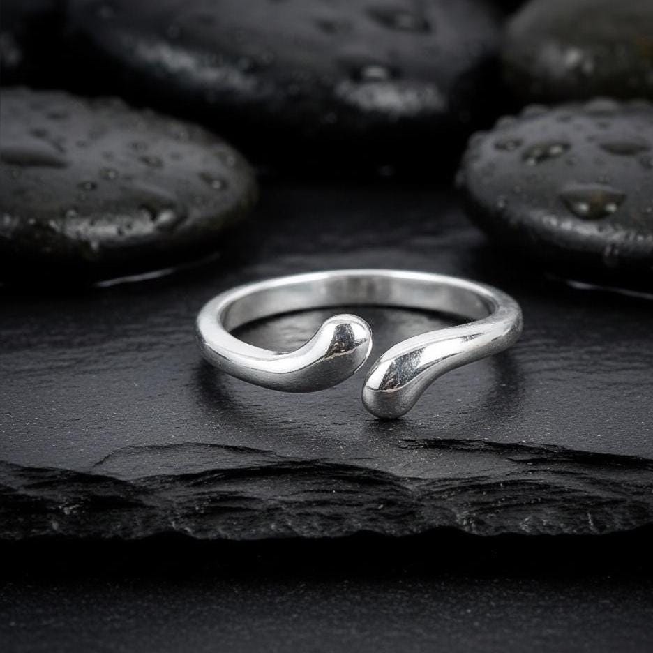 Adjustable 925 Sterling Silver Water Drop Ring - Minimalist Boho