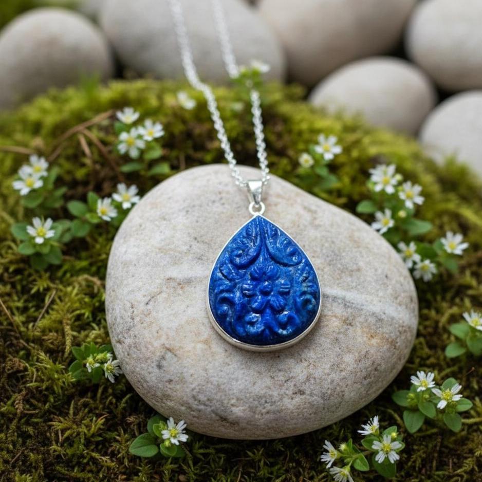 Natural Lapis Lazuli Silver Pendant, 925 Sterling Silver Handmade