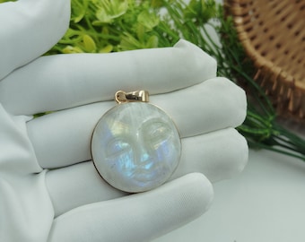 Rainbow Moonstone Pendant by Jewelldiro Jewellery in Rose Gold Plated, 925 Silver Handmade Moon Face Necklace, Gold Plated Moon Face Pendant