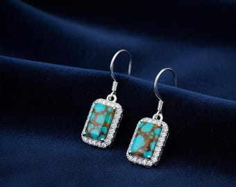 Orecchini fatti a mano in argento sterling 925 con turchese e rame ostrica, solitario con alone di zirconi cubici, per donna