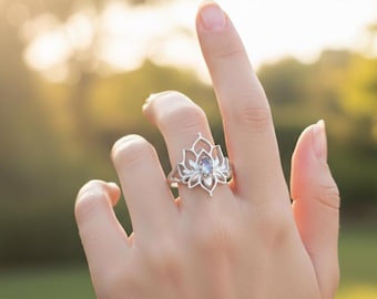 Sterling Silver Moonstone Lotus Flower Ring, Bohemian Jewelry